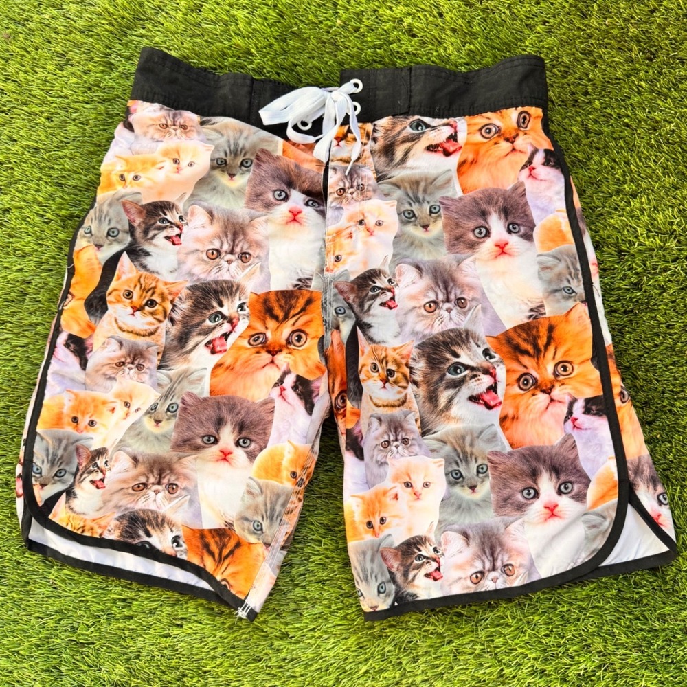 Bioworld Men's Medium Cat Print Swim Trunks Board Shorts Pockets Lined Casual